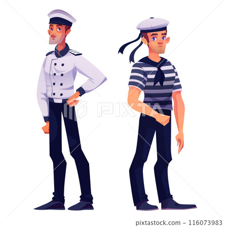 Ship captain and sailor man in uniform and hat. Ship captain and sailor man in uniform and hat. 116073983