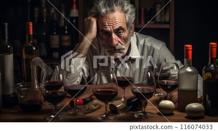 Young man suffering from strong headache or migraine sitting with glass of water in the kitchen, millennial guy feeling intoxication and pain touching aching head, morning after hangover concept 116074033