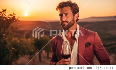 Authentic shot of happy successful male winemaker is tasting a flavor and checking red wine quality poured in transparent glass on vineyards background at sunset. 116074054