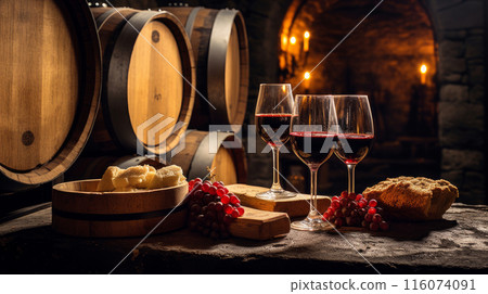 Wine cellar with wine barrels, modern and clean with oak barrels for aging and transport. 116074091