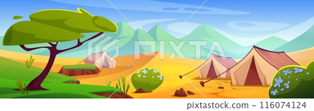 Camp tents on sand of African savannah desert. Camp tents on sand of African savannah desert. 116074124