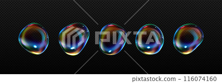 Iridescent soap bubble of round irregular shape. 116074160