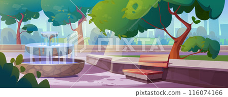 Public city park with fountain and bench 116074166