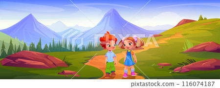 Boy with girl walk with mountain view cartoon 116074187
