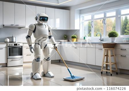 Domestic robot cleaning house. Robot assistant futuristic concept. Ai generated 116074226