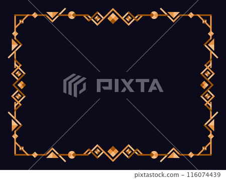 Frame in art deco style in gold color. Vintage linear border. Elegant vintage frame in minimalist style on a black background. Frame design for invitations, flyers and banners. Vector illustration Frame in art deco style in gold color. Vintage linear border. Elegant vintage frame in minimalist style on a black background. Frame design for invitations, flyers and banners. Vector illustration 116074439