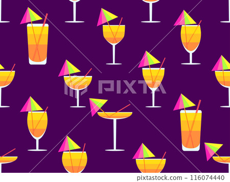 Glass with umbrella and straw seamless pattern. Multi-colored cocktail in a glass. Tropical striped cocktail in a glass with an umbrella and a straw. Design for banner and cover. Vector illustration Glass with umbrella and straw seamless pattern. Multi-colored cocktail in a glass. Tropical striped cocktail in a glass with an umbrella and a straw. Design for banner and cover. Vector illustration 116074440