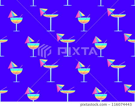 Glass with umbrella and straw seamless pattern. Multi-colored cocktail in a glass. Tropical striped cocktail in a glass with an umbrella and a straw. Design for banner and cover. Vector illustration 116074443