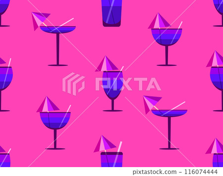 Glass with umbrella and straw seamless pattern. Multi-colored cocktail in a glass. Tropical striped cocktail in a glass with an umbrella and a straw. Design for banner and cover. Vector illustration 116074444