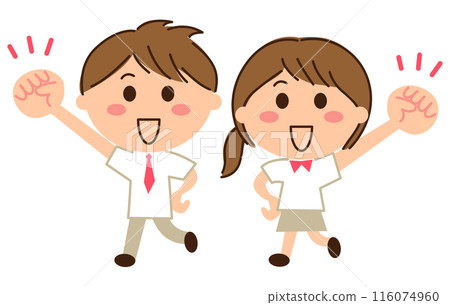 Male and female students in summer uniforms making a fist pump 116074960