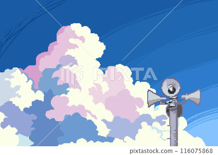 Summer image pixel art Summer blue sky, cumulonimbus clouds and disaster prevention speaker 116075868