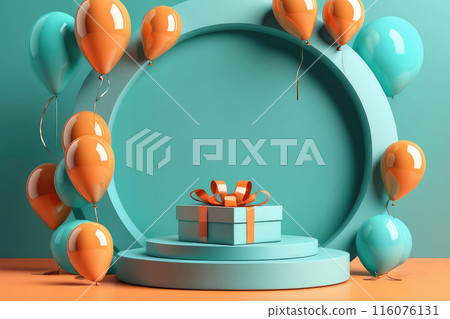 Happy promotion autumn sale concept with orange gifts box, shopping bag and balloons on a turquoise background. Happy promotion autumn sale concept with orange gifts box, shopping bag and balloons on a turquoise background. 116076131