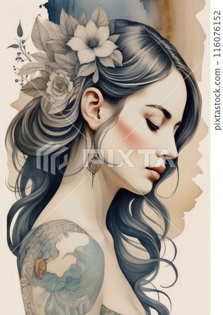 Profile of a woman with music-inspired abstract motifs in watercolor style. 116076152