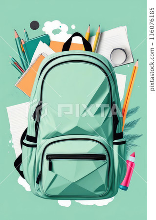 Seafoam green color backpack with school supplies on pastel  seafoam green background. Seafoam green color backpack with school supplies on pastel  seafoam green background. 116076185