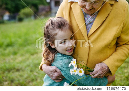 Granddaughter spending time with elderly grandma, picking wildflowers. Senior lady spending time in nature. Granddaughter spending time with elderly grandma, picking wildflowers. Senior lady spending time in nature. 116076470