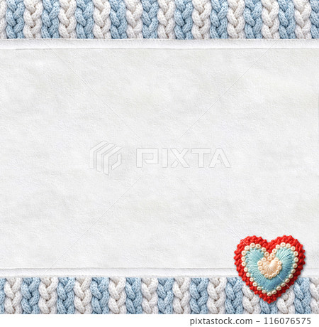 Vertical backdrop with suede texture, wool border with pigtailed ornament and felt heart. Christmas background with suede leather and plaited frame of light blue and white color. Copy space for text Vertical backdrop with suede texture, wool border with pigtailed ornament and felt heart. Christmas background with suede leather and plaited frame of light blue and white color. Copy space for text 116076575