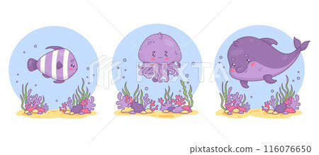 Underwater animals set. Cute dolphin, striped fish and jellyfish with sandy bottom with algae and corals. Isolated undersea funny cartoon kawaii character. Vector illustration. 116076650