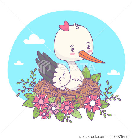 Cute white stork girl in nest with flowers. Funny cartoon kawaii bird character. Vector illustration. Kids collection. 116076651