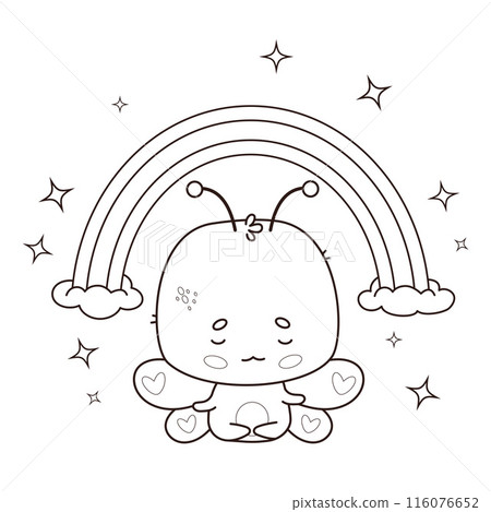 Cute cartoon butterfly meditating under rainbow. Outline kawaii animal character. Line drawing, coloring book. Vector illustration. Kids collection. 116076652