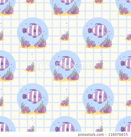Seamless pattern with cute fish on white checkered background. Vector illustration. Cartoon animal kawaii character. Kids collection. Seamless pattern with cute fish on white checkered background. Vector illustration. Cartoon animal kawaii character. Kids collection. 116076655