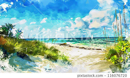 Tropical beach landscape with sailing boat 116076720