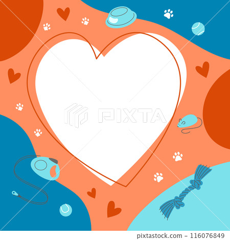 Pet shop, shelter or clinic social media post template with vivid colors and heart shaped copy space. Animal adoption or grooming center advertisement square banner. Pet care promotional poster design 116076849