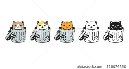 cat vector kitten rubbish bin garbage trash can icon calico neko pet cartoon character munchkin illustration symbol clip art isolated design 116076868