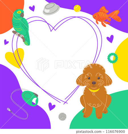 Pet shop social media post template with cute dog and parrot. Vibrant square frame for text promotion. Cute adorable doodle hand drawn pet animals with toys, accessories, color blobs and copy space Pet shop social media post template with cute dog and parrot. Vibrant square frame for text promotion. Cute adorable doodle hand drawn pet animals with toys, accessories, color blobs and copy space 116076900