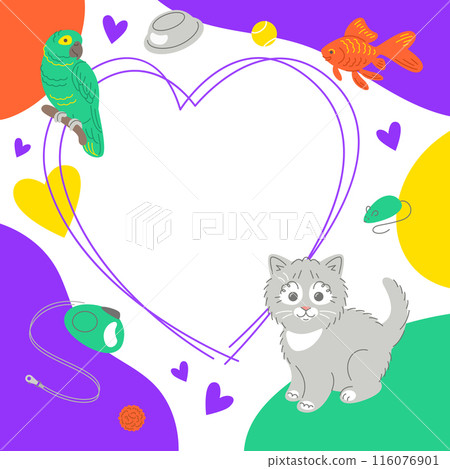 Pet shop social media post template with cute cat and parrot. Vibrant square frame for text promotion. Cute adorable doodle hand drawn pet animals with toys, accessories, color blobs and copy space 116076901