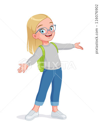 Little girl in eyeglasses greeting with wide open arms. Cartoon vector illustration. Little girl in eyeglasses greeting with wide open arms. Cartoon vector illustration. 116076902