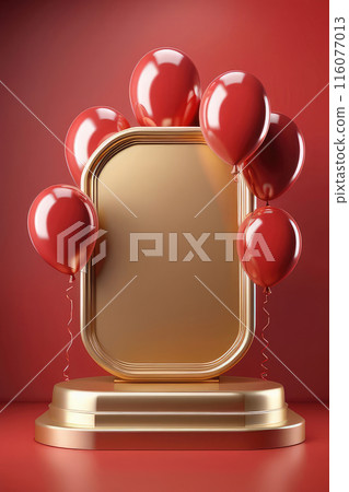 Happy birthday blank podium with gold and red balloons and a celebratory atmosphere on a red background. Happy birthday blank podium with gold and red balloons and a celebratory atmosphere on a red background. 116077013