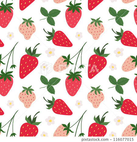 Vector seamless pattern with red and pink strawberry. Trendy summer background with hand drawn strawberry, flowers and leaves. Vector seamless pattern with red and pink strawberry. Trendy summer background with hand drawn strawberry, flowers and leaves. 116077015