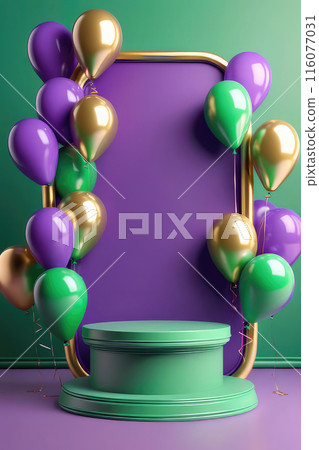 Happy greeting with podium and lilac balloons elements for birth day mock up decoration on a green background. Happy greeting with podium and lilac balloons elements for birth day mock up decoration on a green background. 116077031