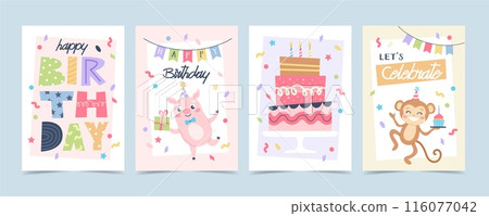 Children cute greeting card set. Birthday animals with cake, party hats and balloons. Vector illustration template 116077042