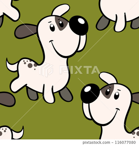 Vector seamless repeating childish pattern with cute dogs in doodle style. Animals background with dog, pets, puppy for invitation, poster, card, flyer, textile, fabric 116077080