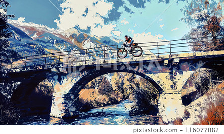 Adventurous cyclist crossing a scenic mountain bridge Adventurous cyclist crossing a scenic mountain bridge 116077082