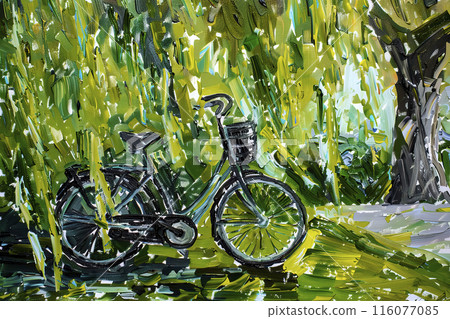 Green park oil painting with vintage bicycle 116077085