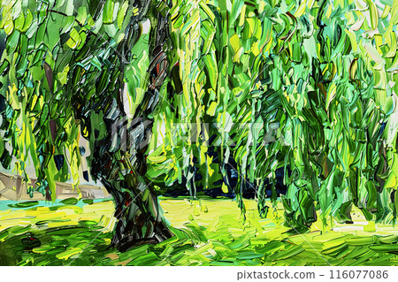 Abstract acrylic painting of lush forest with expressive brush strokes 116077086