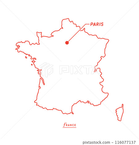 Simple blank map of France - Line drawing map with the location of the capital Paris marked 116077137
