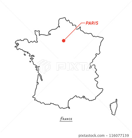 Simple blank map of France - Line drawing map with the location of the capital Paris marked 116077139