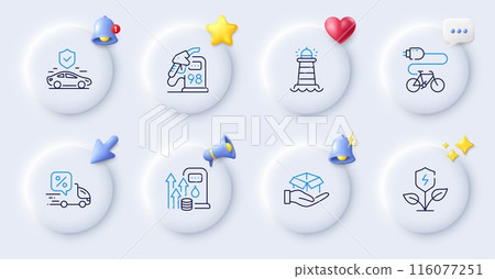 Petrol station, Lighthouse and Transport insurance line icons. Buttons with 3d bell, chat speech, cursor. Pack of Electric bike, Delivery discount, Eco power icon. Vector 116077251