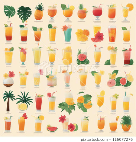 Icon set tropical drinks, fruit juices and tropical plants Icon set tropical drinks, fruit juices and tropical plants 116077276