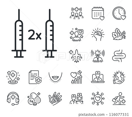 Corona syringe sign. Online doctor, patient and medicine outline icons. Coronavirus 2x vaccine line icon. Covid jab symbol. Coronavirus vaccine line sign. Vector 116077331