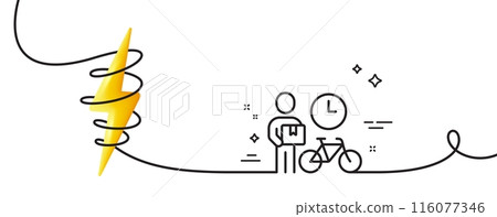 Bike courier line icon. Continuous one line with curl. Delivery bicycle sign. Fast city transport symbol. Bike courier single outline ribbon. Loop curve with energy. Vector 116077346