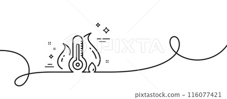 Fever temperature line icon. Continuous one line with curl. Thermometer sign. Sick illness symbol. Fever temperature single outline ribbon. Loop curve pattern. Vector Fever temperature line icon. Continuous one line with curl. Thermometer sign. Sick illness symbol. Fever temperature single outline ribbon. Loop curve pattern. Vector 116077421
