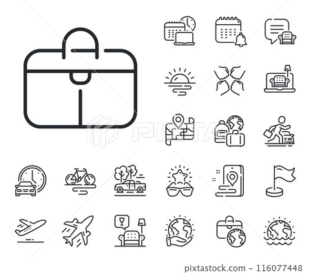 Hand baggage sign. Plane jet, travel map and baggage claim outline icons. Handbag line icon. Travel carry-on bag symbol. Handbag line sign. Car rental, taxi transport icon. Place location. Vector 116077448