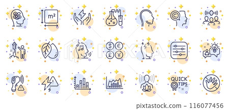 Outline set of Mineral oil, Yoga balance and Filter line icons for web app. Include Quick tips, Chemistry lab, Do not touch pictogram icons. Head, Infographic graph, Safe energy signs. Vector Outline set of Mineral oil, Yoga balance and Filter line icons for web app. Include Quick tips, Chemistry lab, Do not touch pictogram icons. Head, Infographic graph, Safe energy signs. Vector 116077456