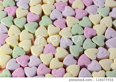 Top view of colorful jelly hearts shaped for background 116077458