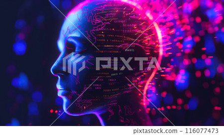 An abstract faceless figure is illuminated with neon text. The concept of futuristic design, digital identity, and modern aesthetics. Generative AI. 116077473