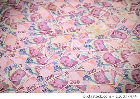 Turkish lira background. Turkish money. 200tl banknotes. Banner for the site, desktop wallpaper, space for copying text 1 116077474
